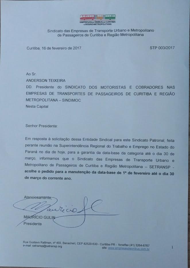 Ofício do Setransp endereçado ao presidente do Sindimoc, Anderson Teixeira, foi protocolado hoje pelo patronal. Está garantida data-base de 1º de fevereiro por mais 30 dias!